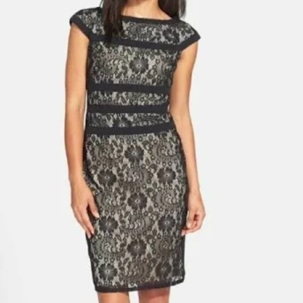 Adrianna Papell Black Lace Dress SZ 10 EUC